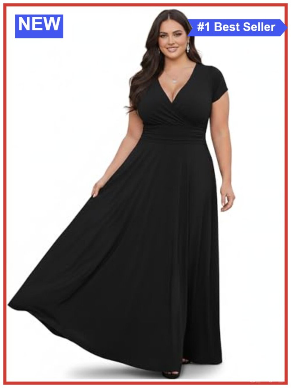 Plus Size Maxi Dress Flowy Cocktail Gown Short Sleeve V-Neck